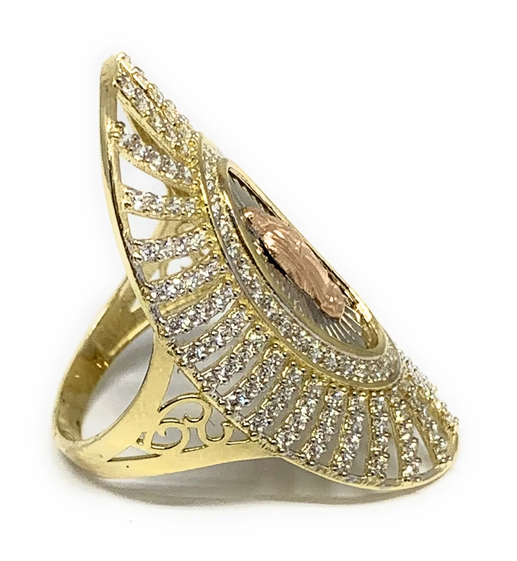 14k Solid Gold Tri-Color Virrgin Mary CZ Fancy Elegant Long Oval Ring