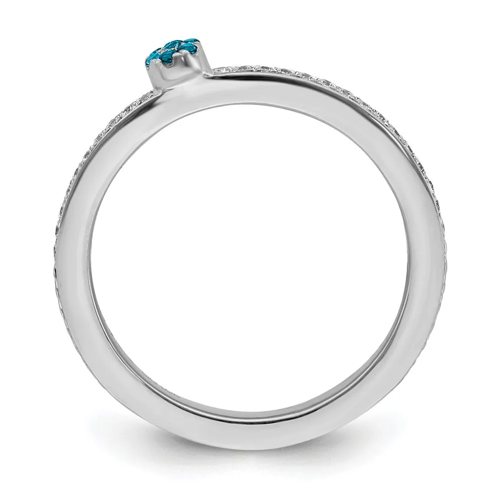 14k White Gold, Blue Topaz & 1/8 Ctw Diamond Stackable Ring