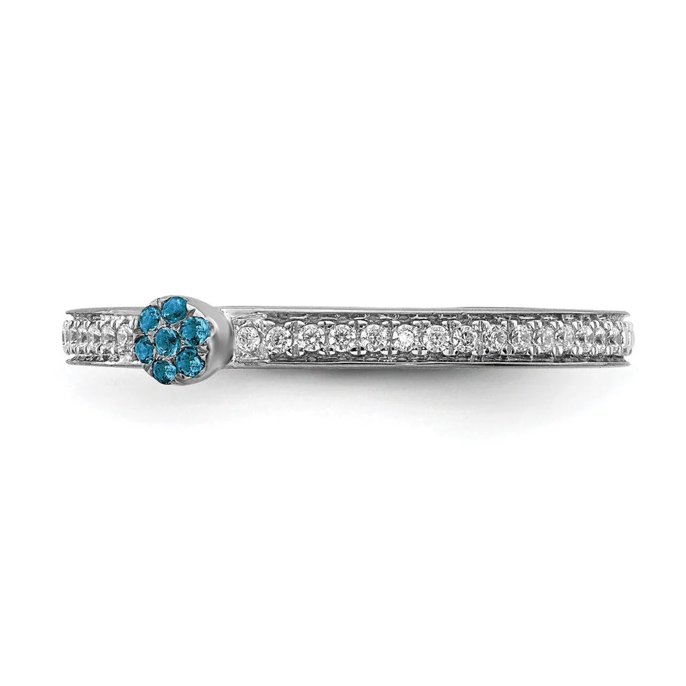 14k White Gold, Blue Topaz & 1/8 Ctw Diamond Stackable Ring