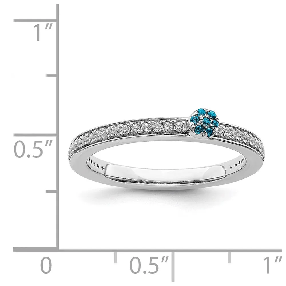 14k White Gold, Blue Topaz & 1/8 Ctw Diamond Stackable Ring