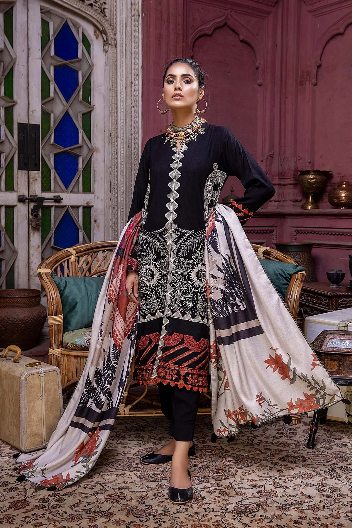 3 Pc Unstitched Embroidered Leather with Printed Shawl RMW-04