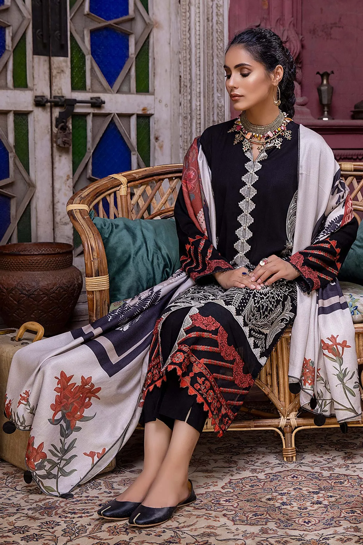 3 Pc Unstitched Embroidered Leather with Printed Shawl RMW-04