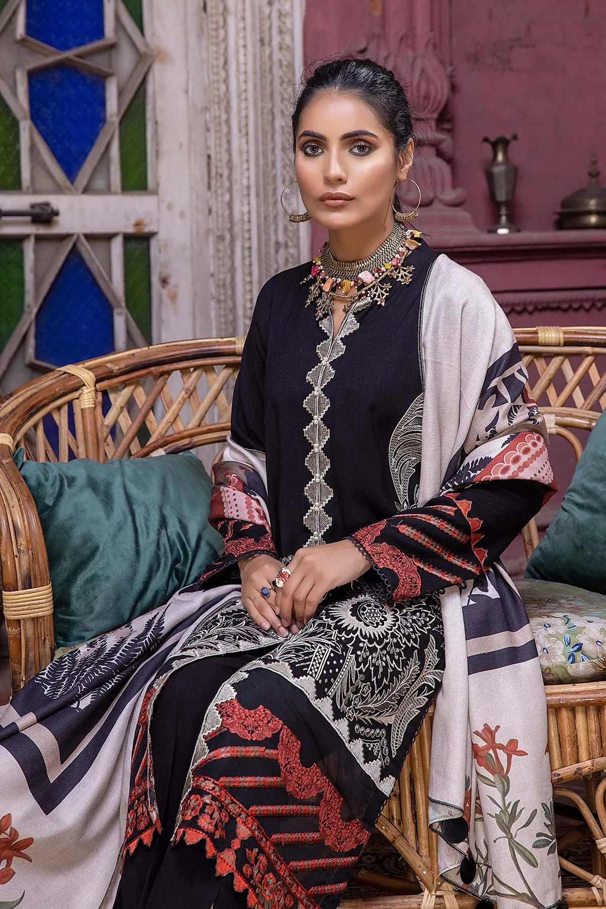 3 Pc Unstitched Embroidered Leather with Printed Shawl RMW-04