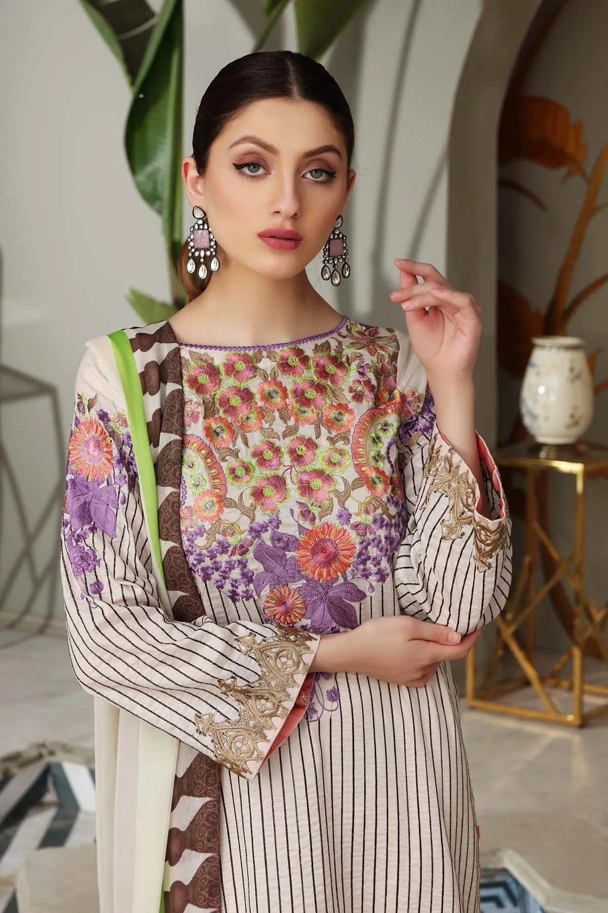 3-piece Unstitched Embroidered Brosha Lawn Suit - RM-20