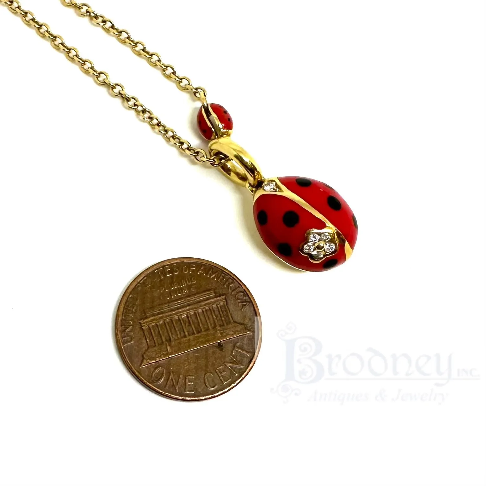 Aaron Basha 18 kt Gold Diamond and Enamel Ladybug Pendant and Chain