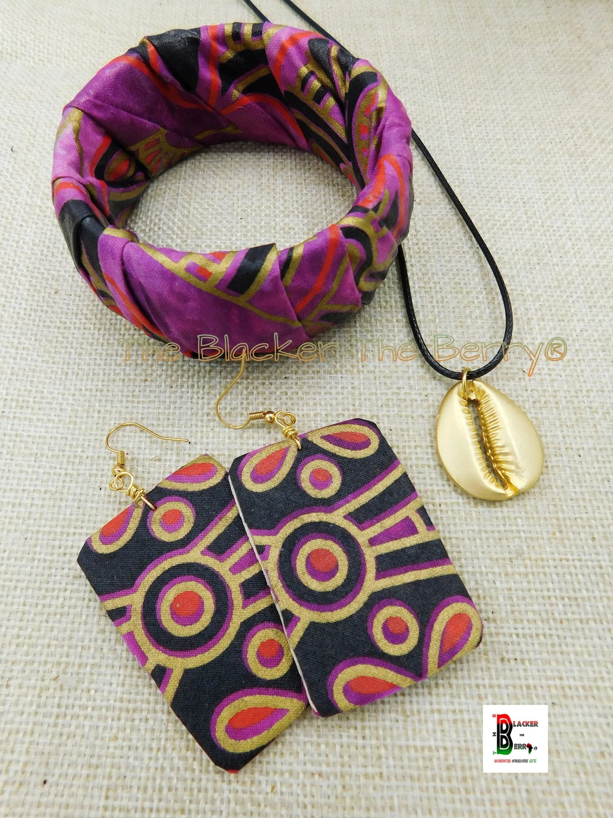 African Ankara Bracelet Earrings Purple Black Gold Women Jewelry Set The Blacker The Berry