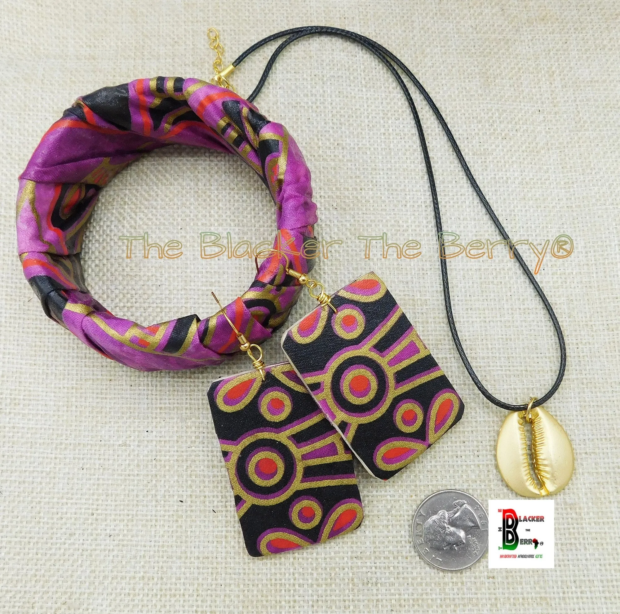 African Ankara Bracelet Earrings Purple Black Gold Women Jewelry Set The Blacker The Berry