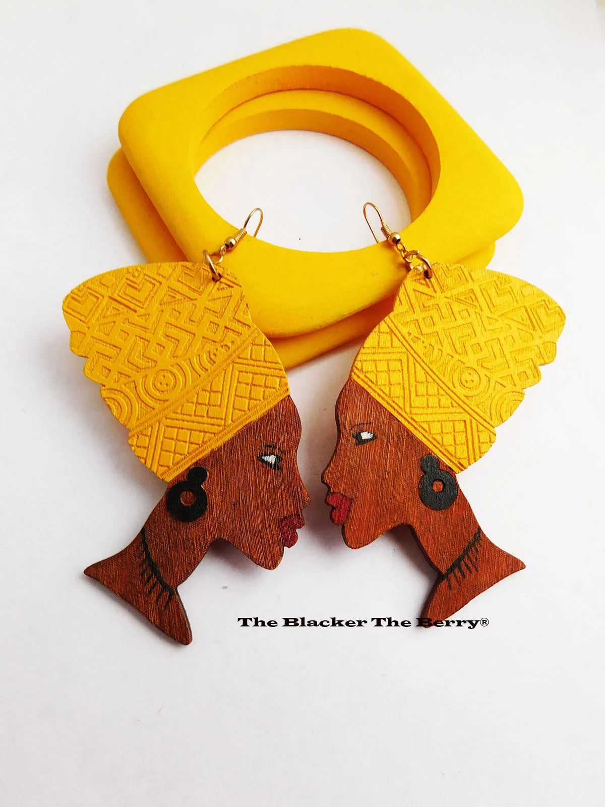 African Earrings Yellow Black Wooden Jewelry Ethnic