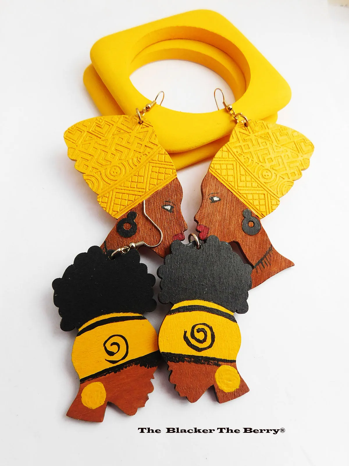 African Earrings Yellow Black Wooden Jewelry Ethnic