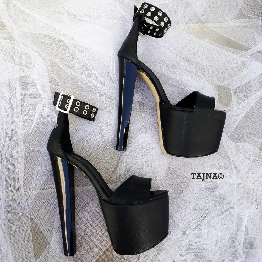 Black Belted Single Strap High Heel Platform Shoes