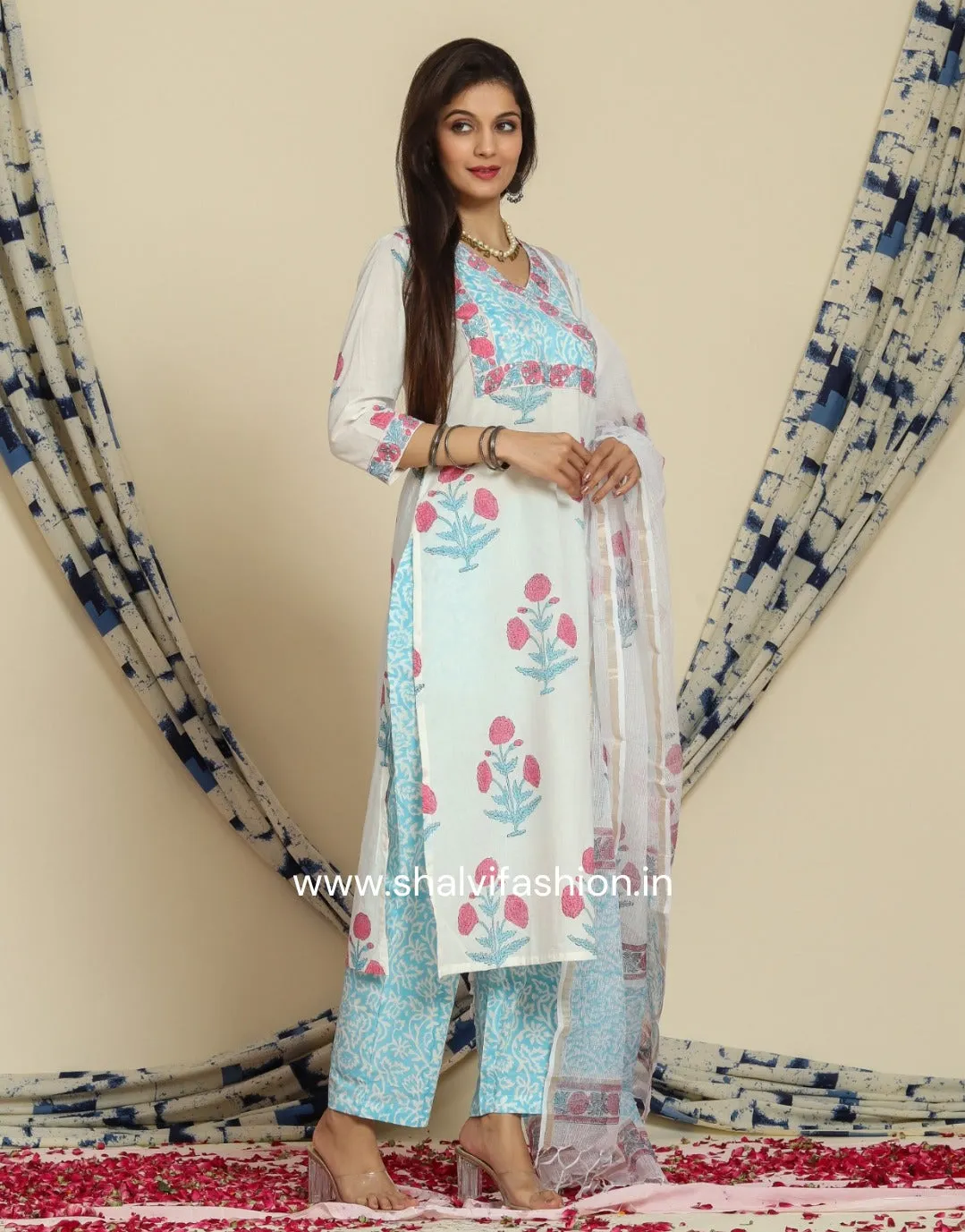 Blue Buta Hand Block Print Cotton Suit Set with Kota Doria Dupatta (CSS72KD)