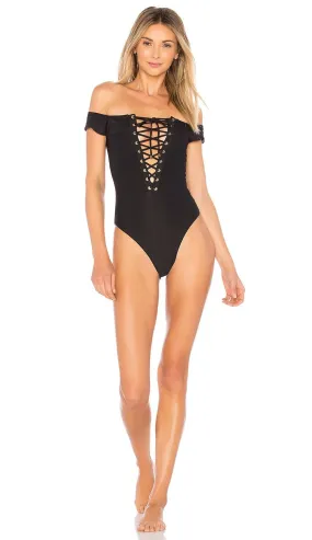 Blue Life Off Shoulder One Piece Swim Suit Black