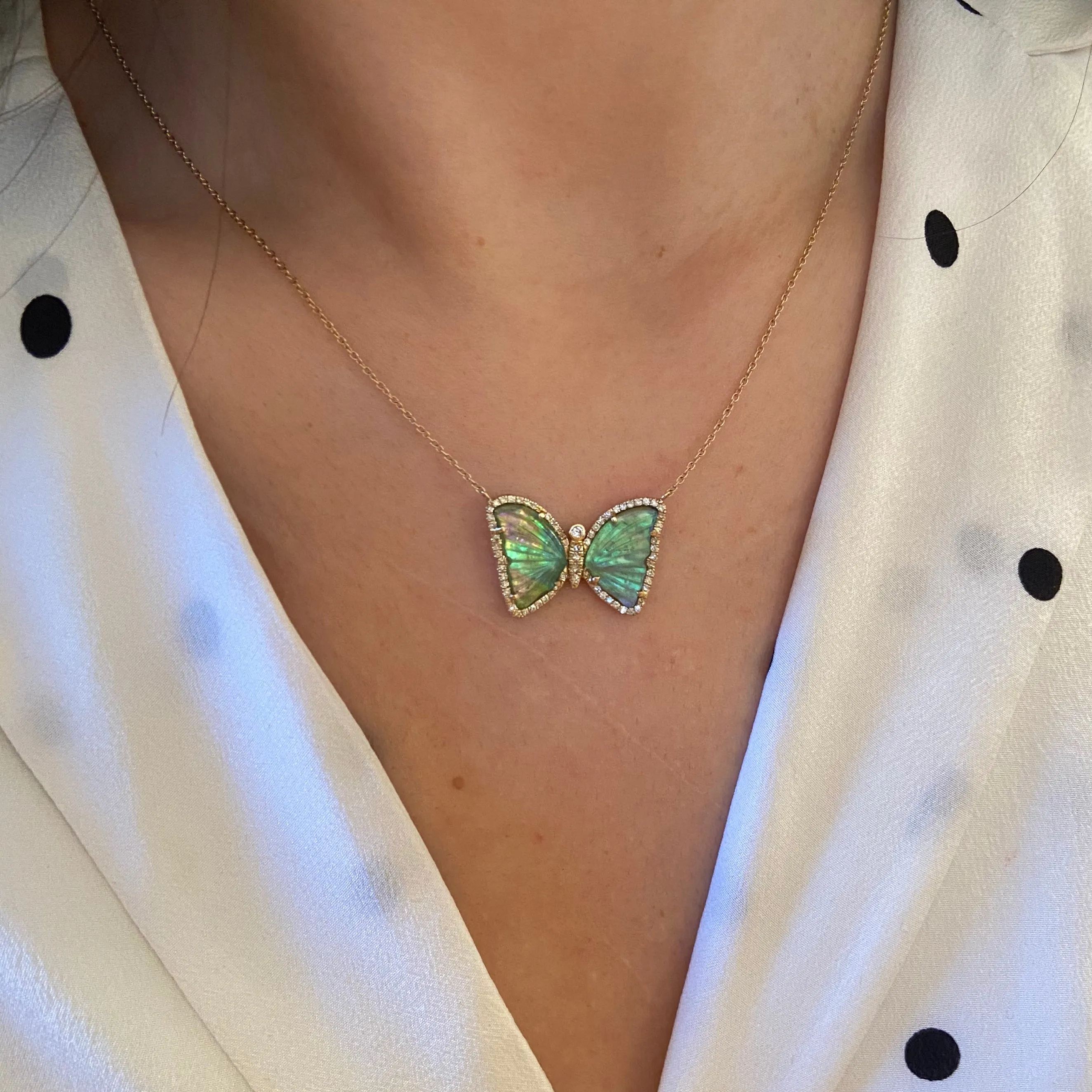 Butterfly Necklace With Green Tourmaline and Pearl