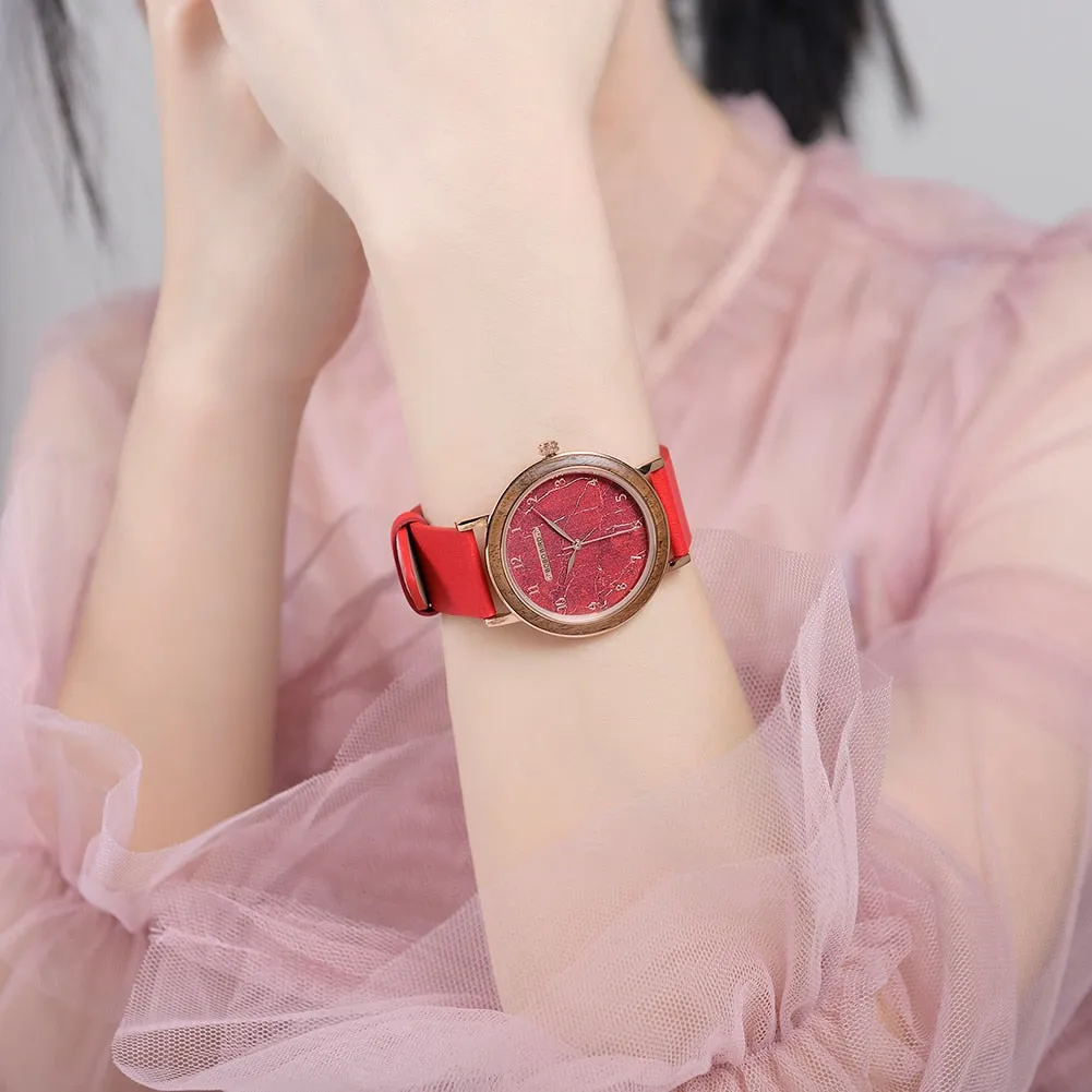 Casual Style Quartz Movement Leather Wooden Wristwatch for Women