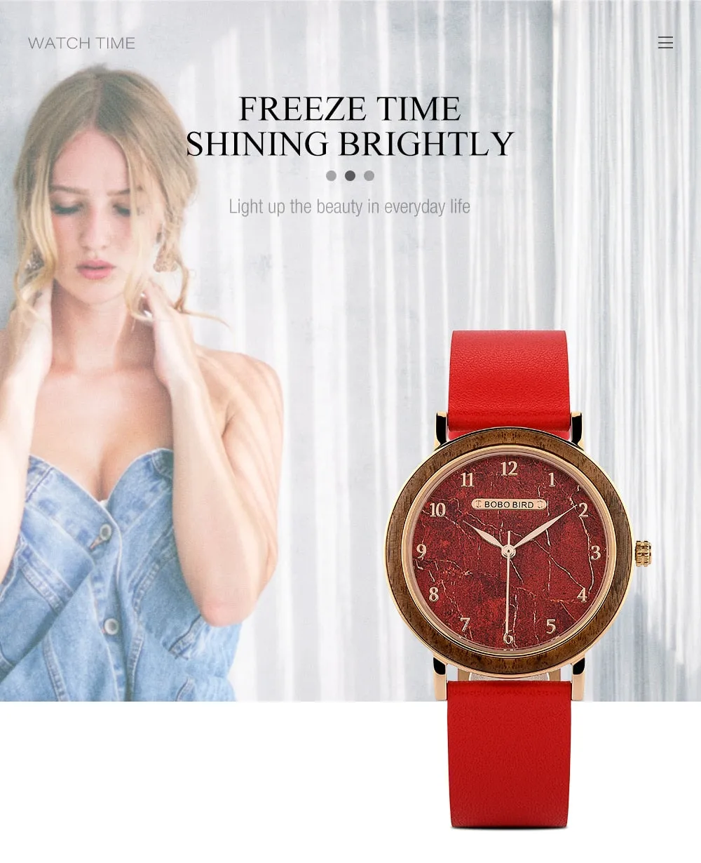 Casual Style Quartz Movement Leather Wooden Wristwatch for Women