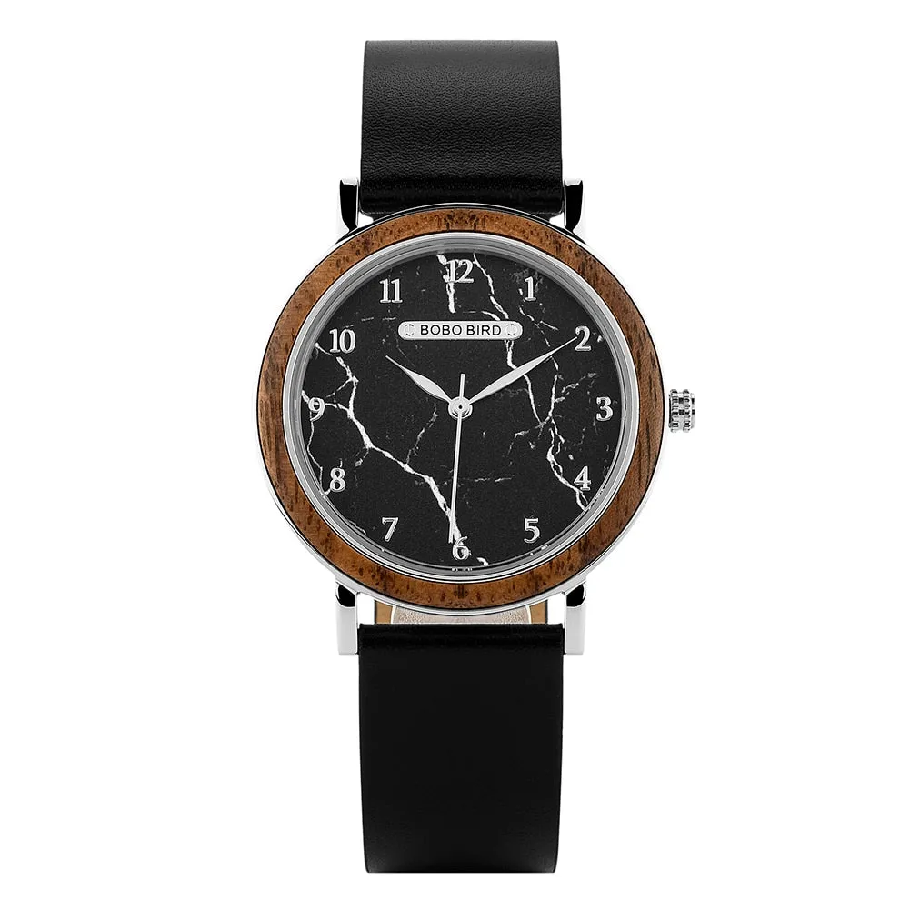 Casual Style Quartz Movement Leather Wooden Wristwatch for Women