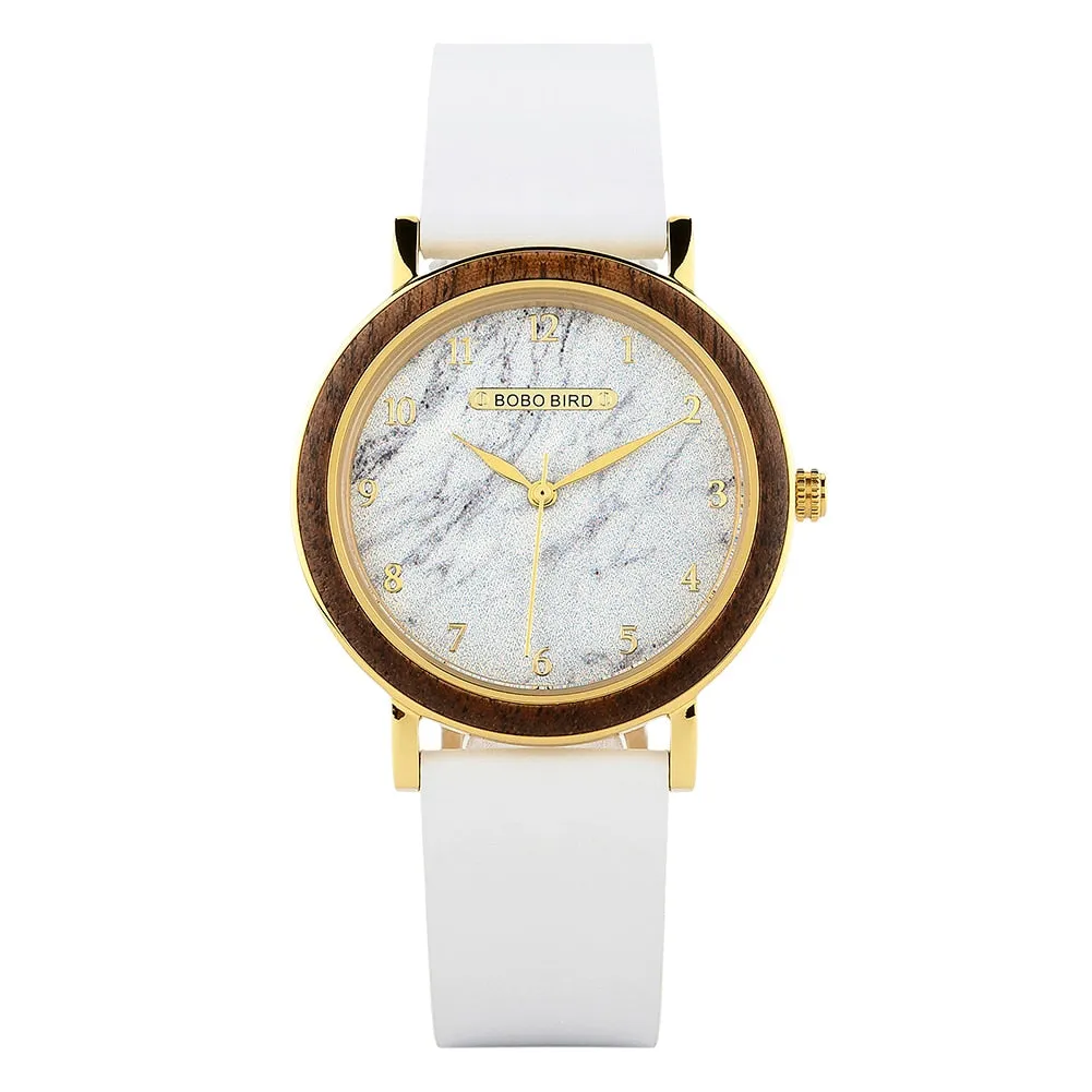 Casual Style Quartz Movement Leather Wooden Wristwatch for Women