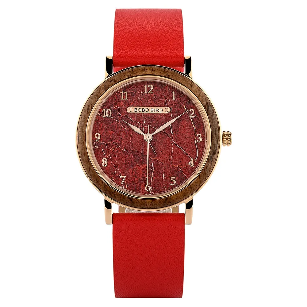 Casual Style Quartz Movement Leather Wooden Wristwatch for Women