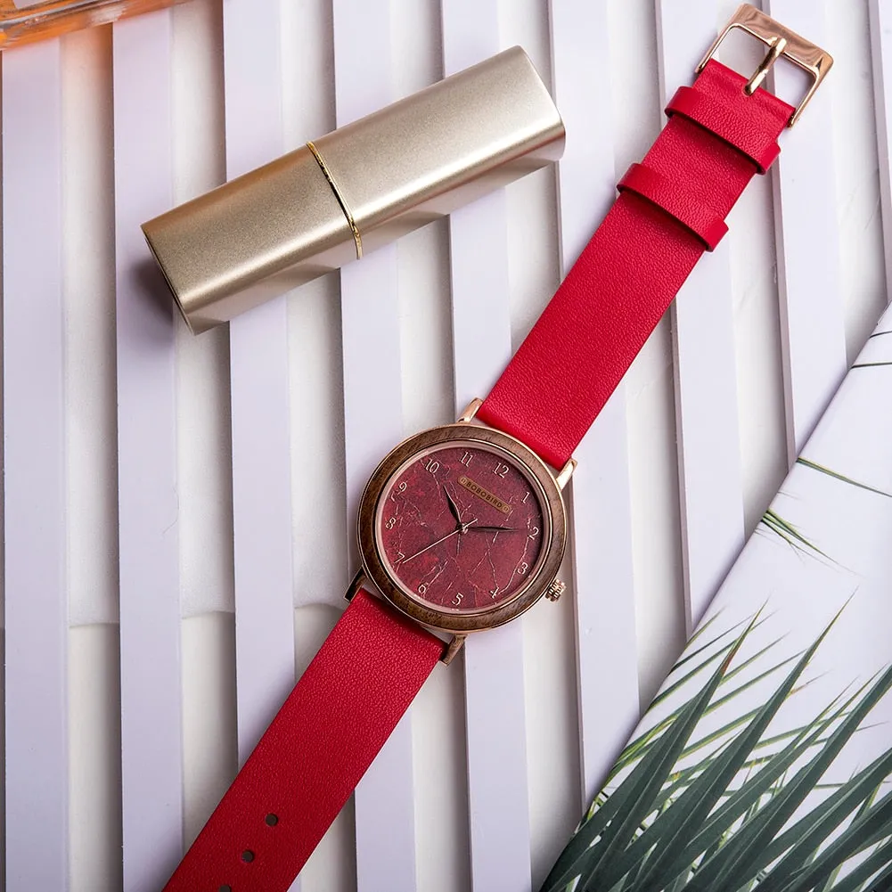 Casual Style Quartz Movement Leather Wooden Wristwatch for Women