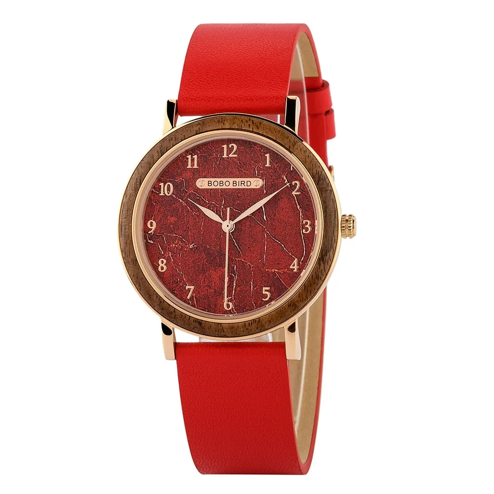 Casual Style Quartz Movement Leather Wooden Wristwatch for Women