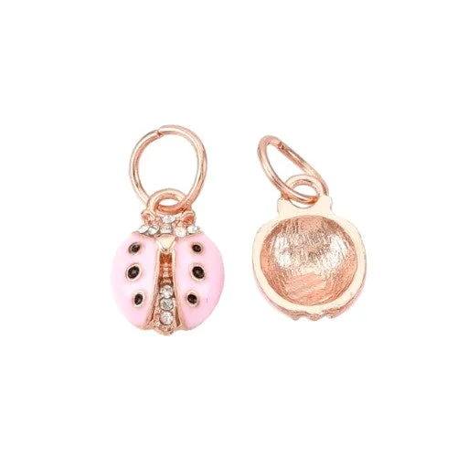 Charms, Ladybug, Rose Gold, Alloy, Pink, Enamel, Crystal Rhinestones, With Jump Ring, 14.5mm