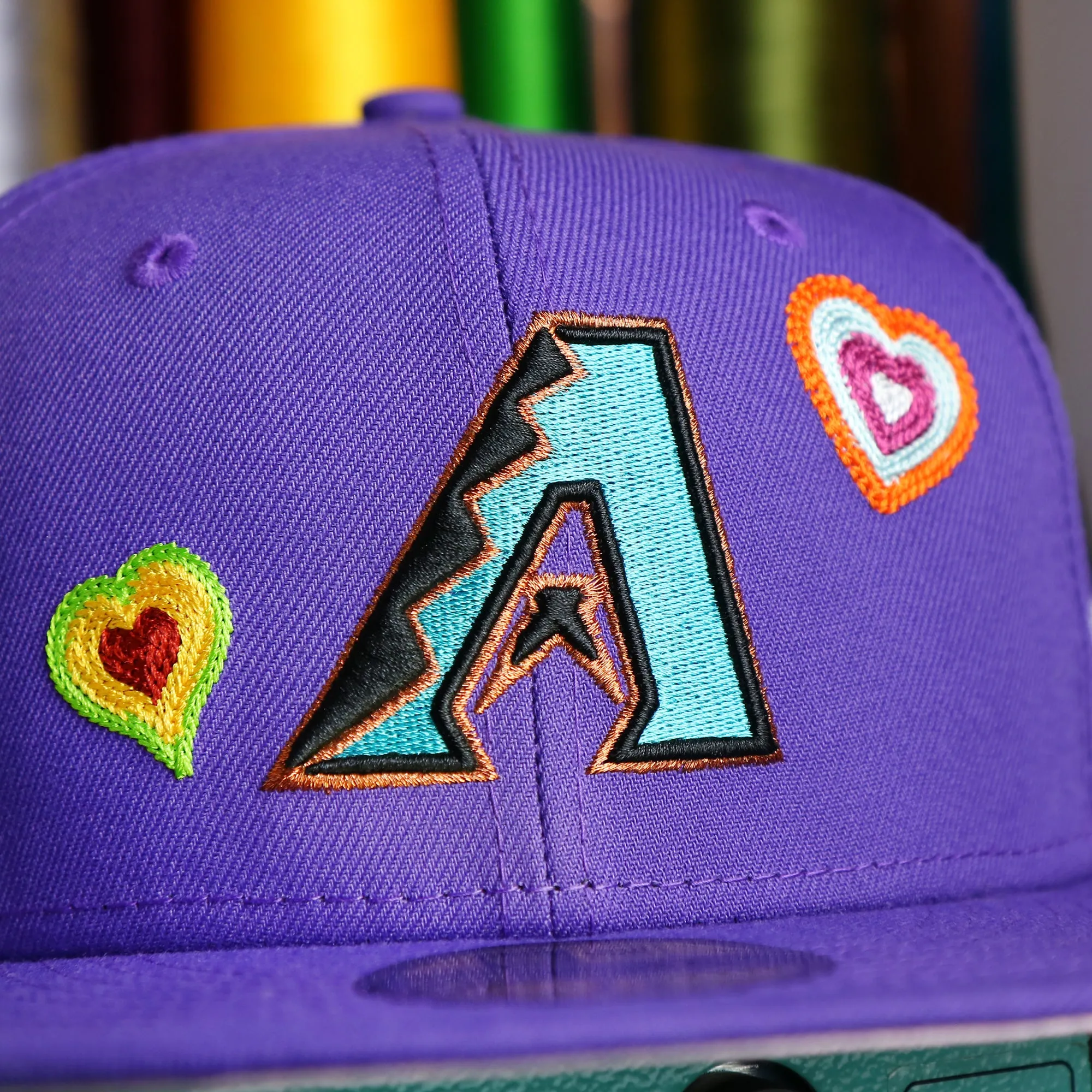 Cooperstown Arizona Diamondbacks All Over Embroidered Chain Stitch Heart Pink Bottom 59Fifty Fitted Cap | Purple 59Fifty Cap