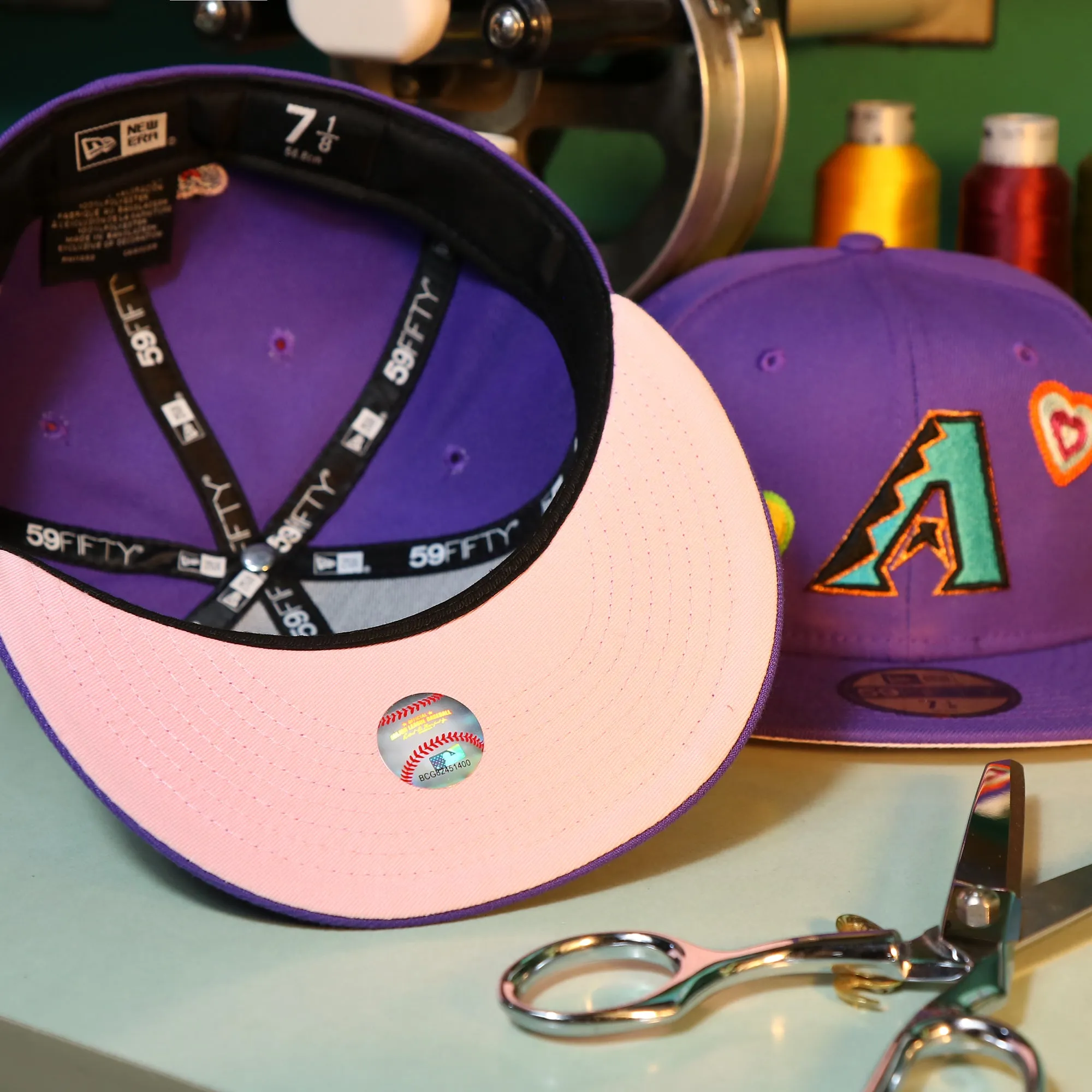 Cooperstown Arizona Diamondbacks All Over Embroidered Chain Stitch Heart Pink Bottom 59Fifty Fitted Cap | Purple 59Fifty Cap