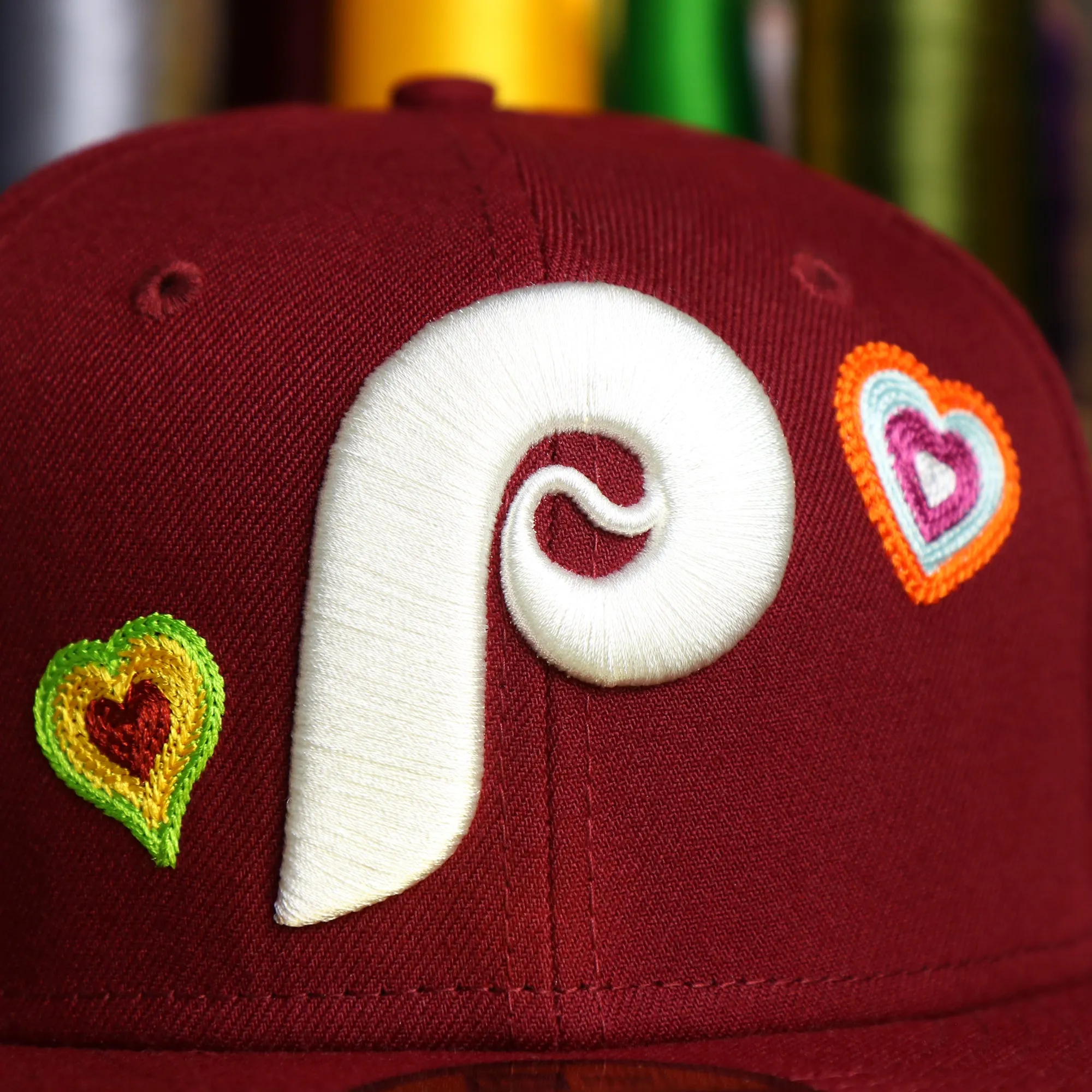 Cooperstown Philadelphia Phillies All Over Embroidered Chain Stitch Heart Pink Bottom 59Fifty Fitted Cap | Maroon 59Fifty Cap