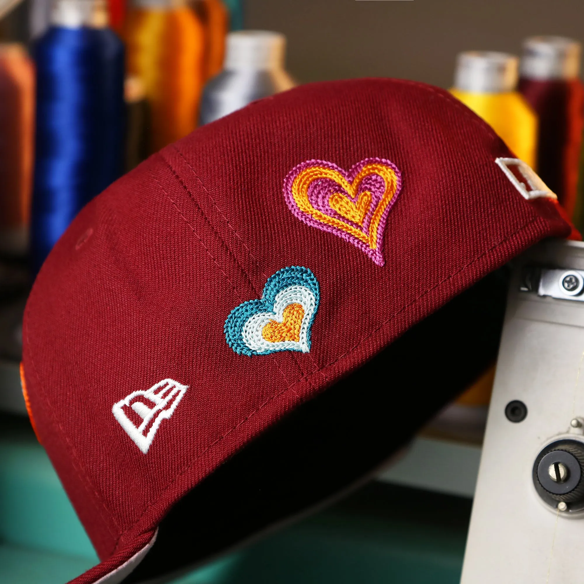 Cooperstown Philadelphia Phillies All Over Embroidered Chain Stitch Heart Pink Bottom 59Fifty Fitted Cap | Maroon 59Fifty Cap