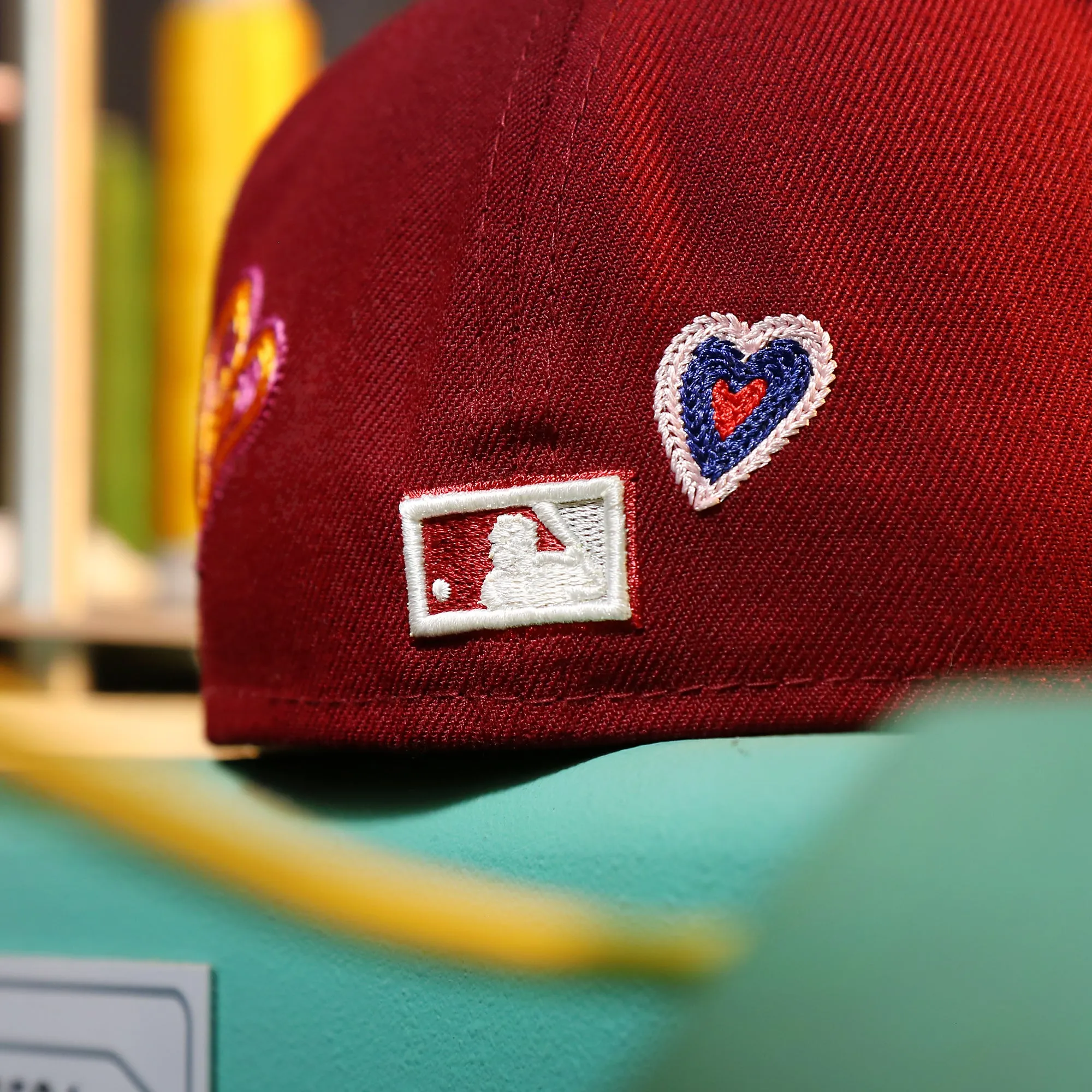 Cooperstown Philadelphia Phillies All Over Embroidered Chain Stitch Heart Pink Bottom 59Fifty Fitted Cap | Maroon 59Fifty Cap