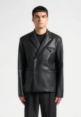 Double Breasted Leather Suit Jacket - Black