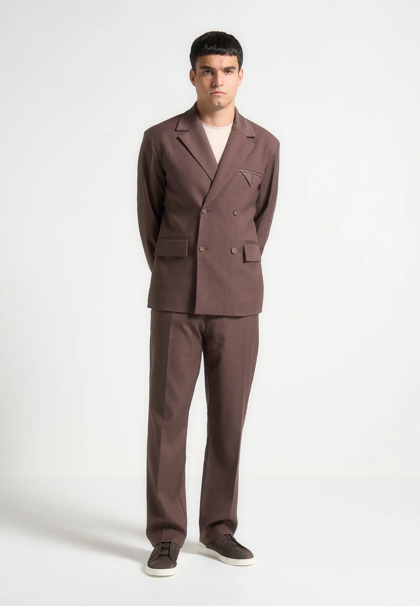 Double Breasted Twill Suit Jacket - Brown