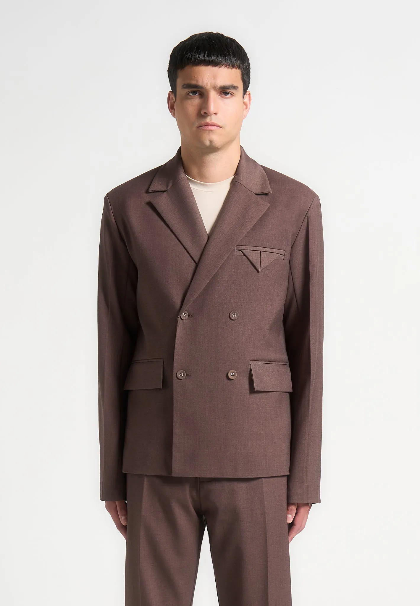 Double Breasted Twill Suit Jacket - Brown