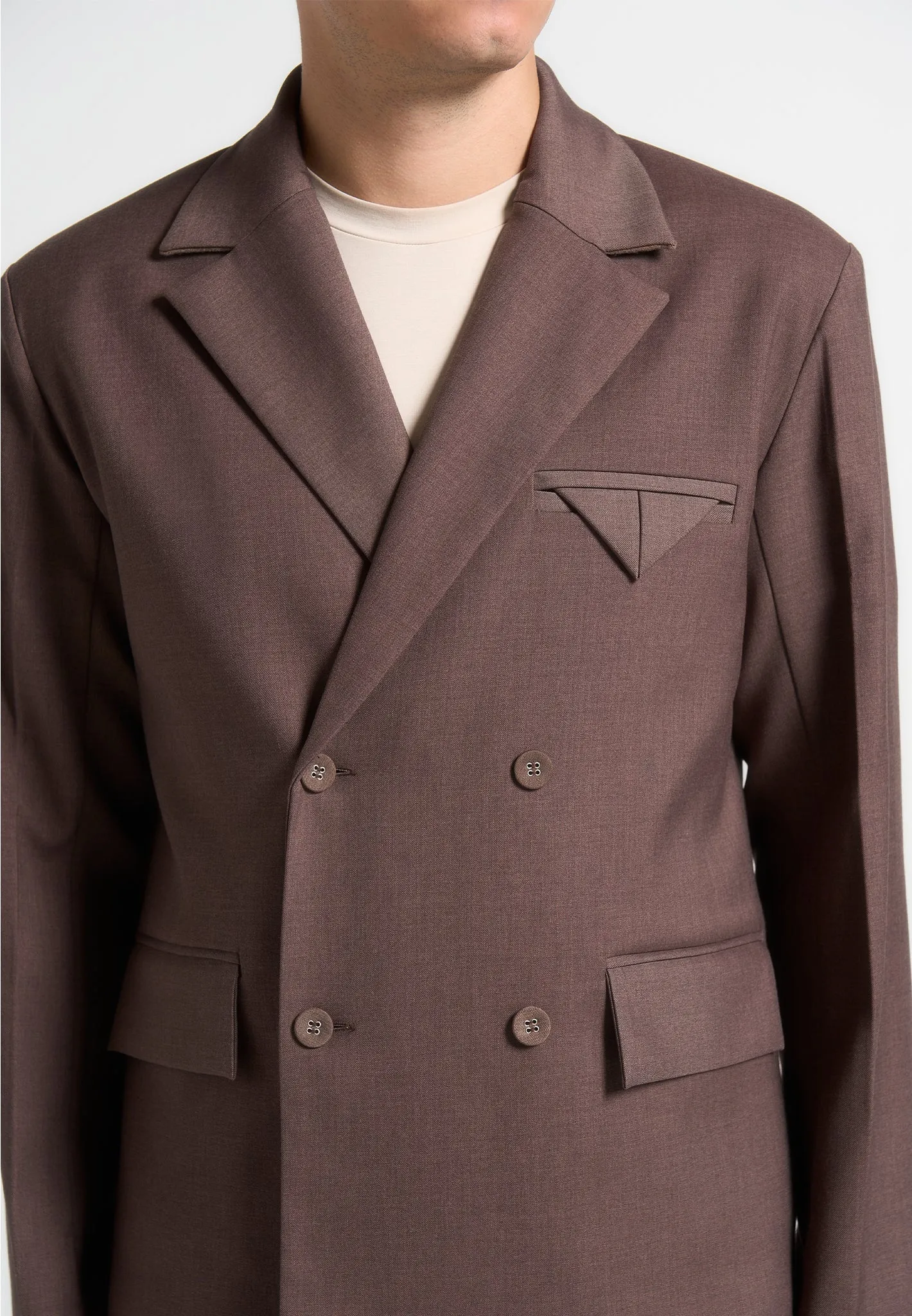 Double Breasted Twill Suit Jacket - Brown