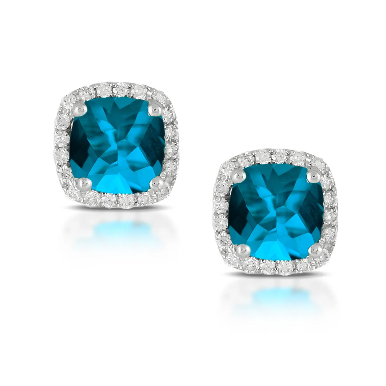 Doves London Blue Square Cushion Topaz & Diamond Halo Stud Earrings