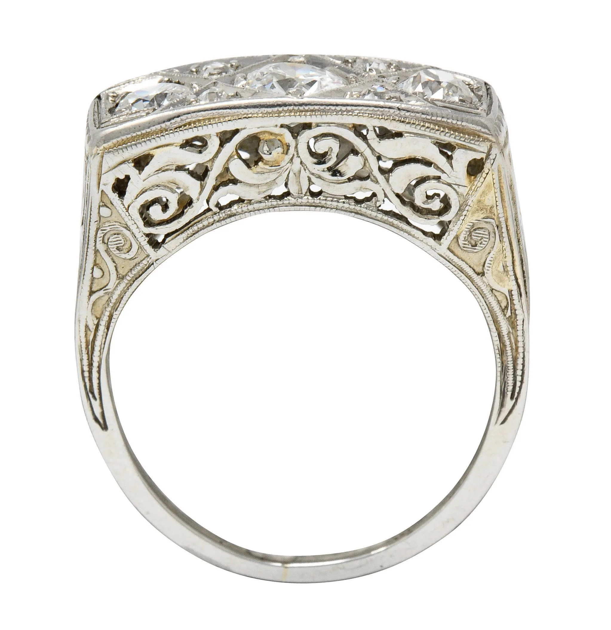 Edwardian 0.87 CTW Diamond Platinum-Topped 18 Karat White Gold Scrolled Band Ring