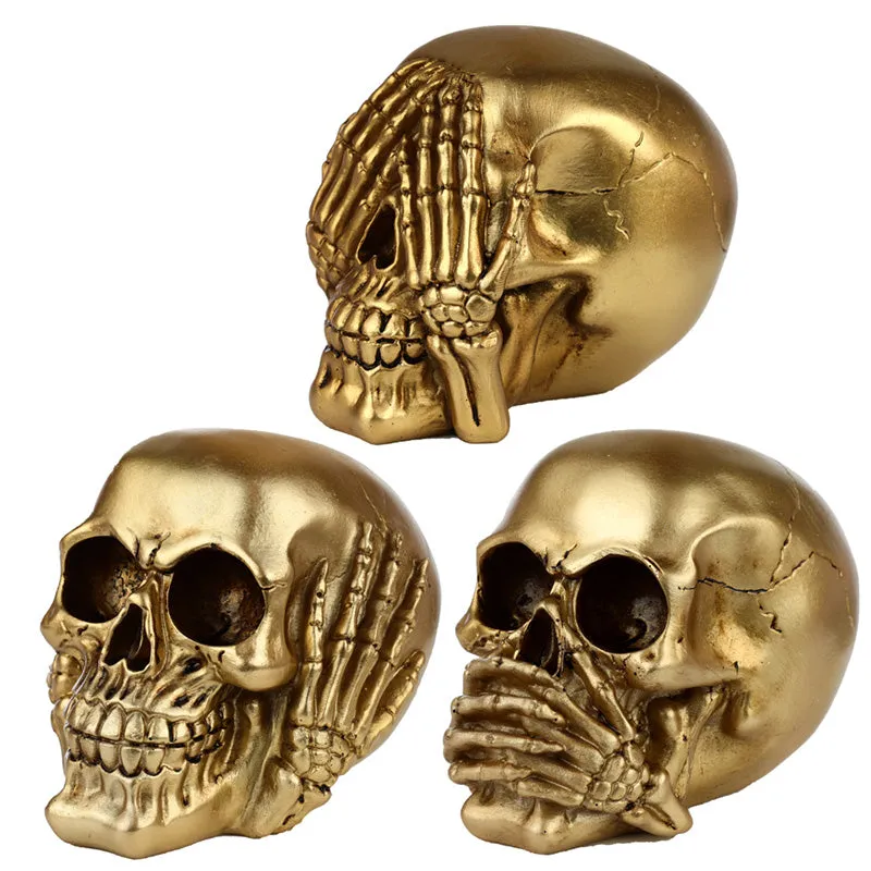 Fantasy See No Hear No Speak No Evil Set of 3 Gold Punk Skull Ornaments SK338