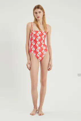 Flower Print Swimsuit with Straight Neckline and Straps