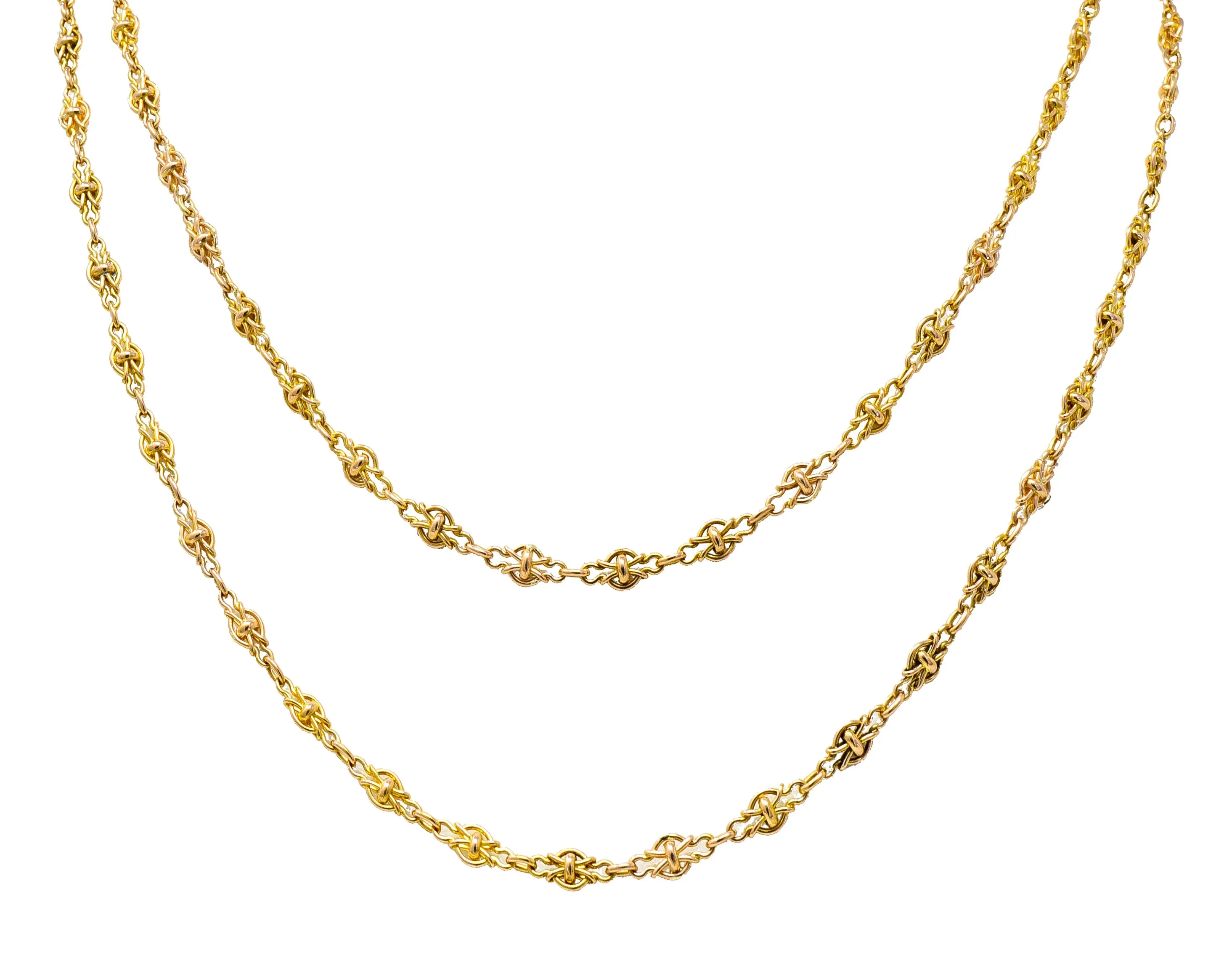 French Victorian 18 Karat Yellow Gold Knot Navette Chain Link 55 Inch Long Antique Necklace