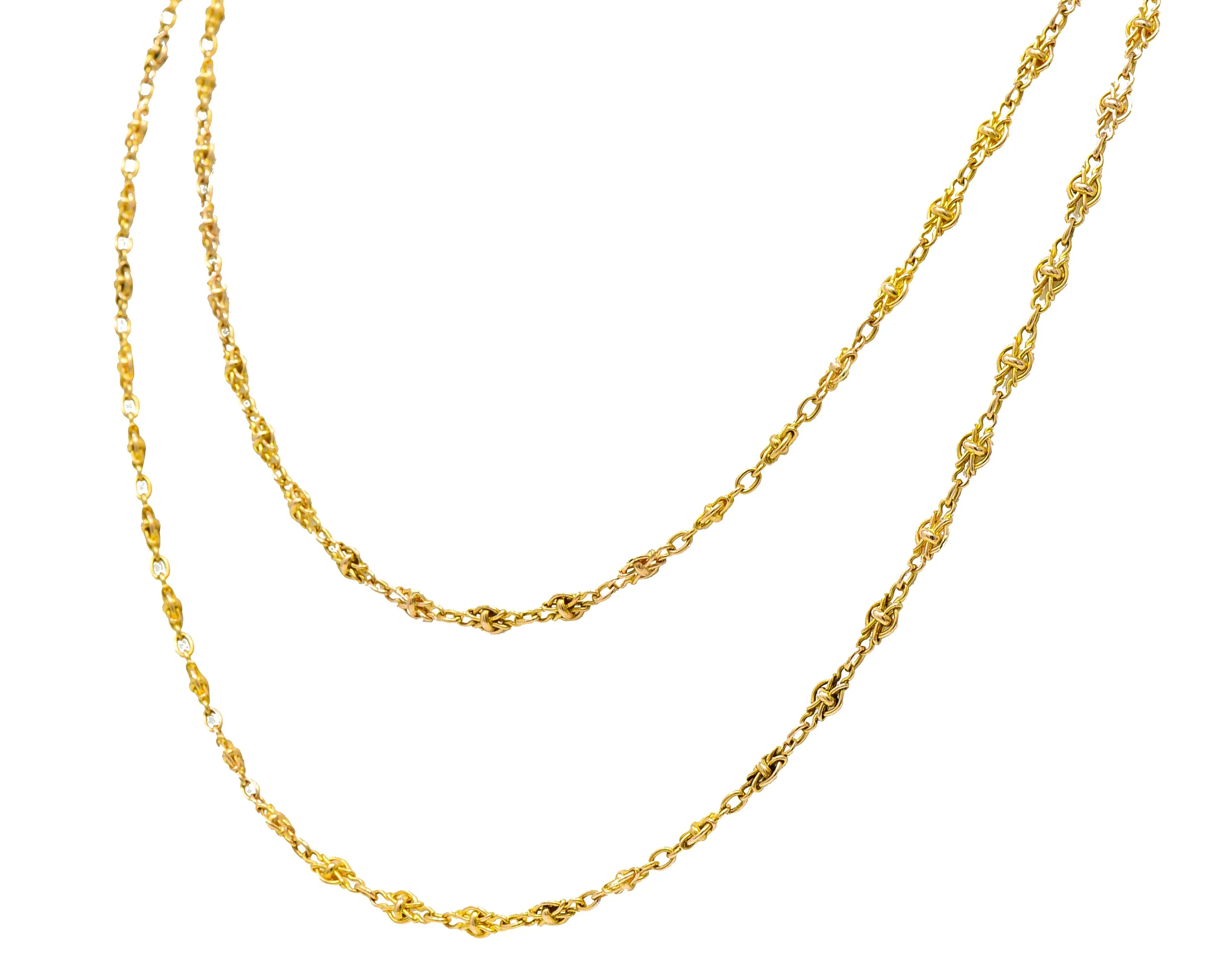 French Victorian 18 Karat Yellow Gold Knot Navette Chain Link 55 Inch Long Antique Necklace