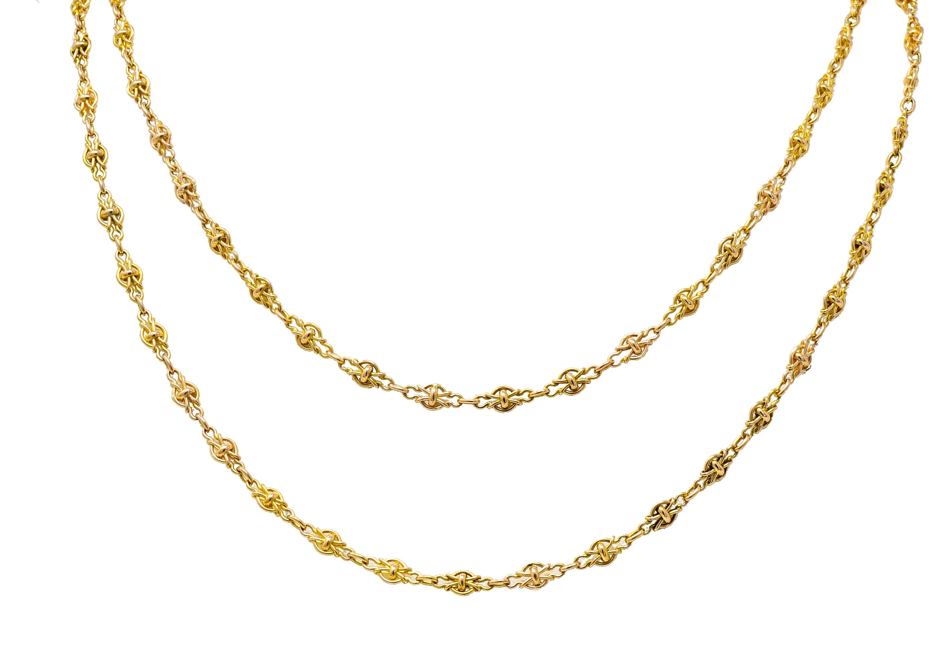 French Victorian 18 Karat Yellow Gold Knot Navette Chain Link 55 Inch Long Antique Necklace