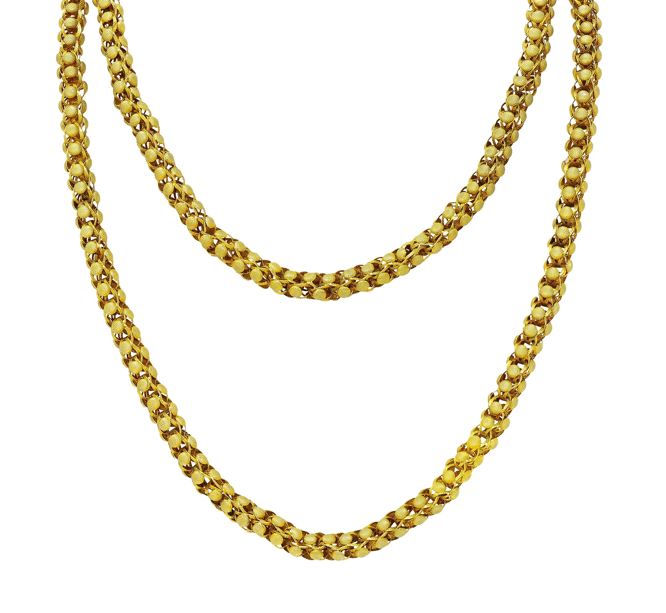 Georgian 18 Karat Yellow Gold Floral Dome Byzantine 46 Inch Long Chain Antique Necklace