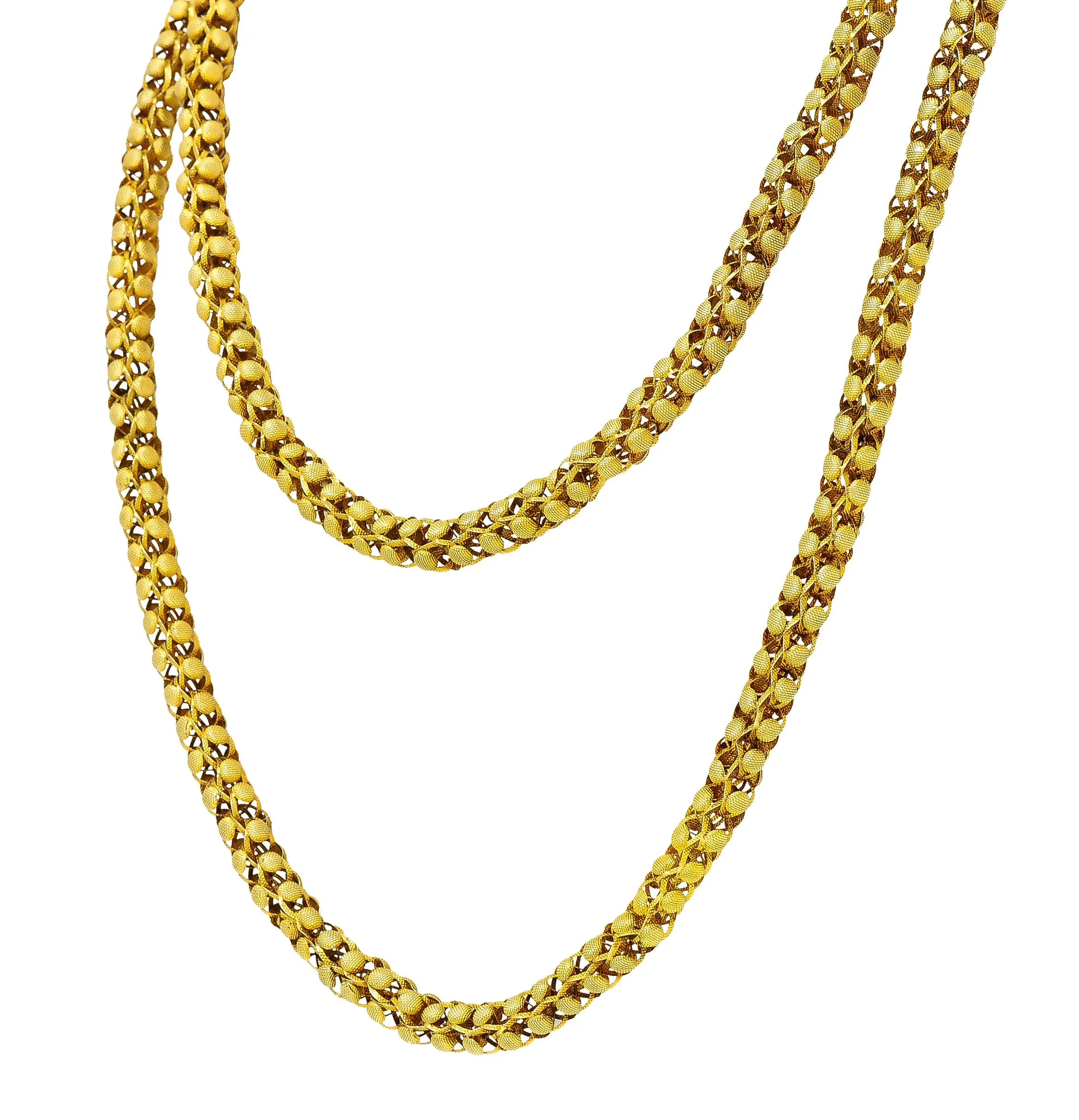 Georgian 18 Karat Yellow Gold Floral Dome Byzantine 46 Inch Long Chain Antique Necklace