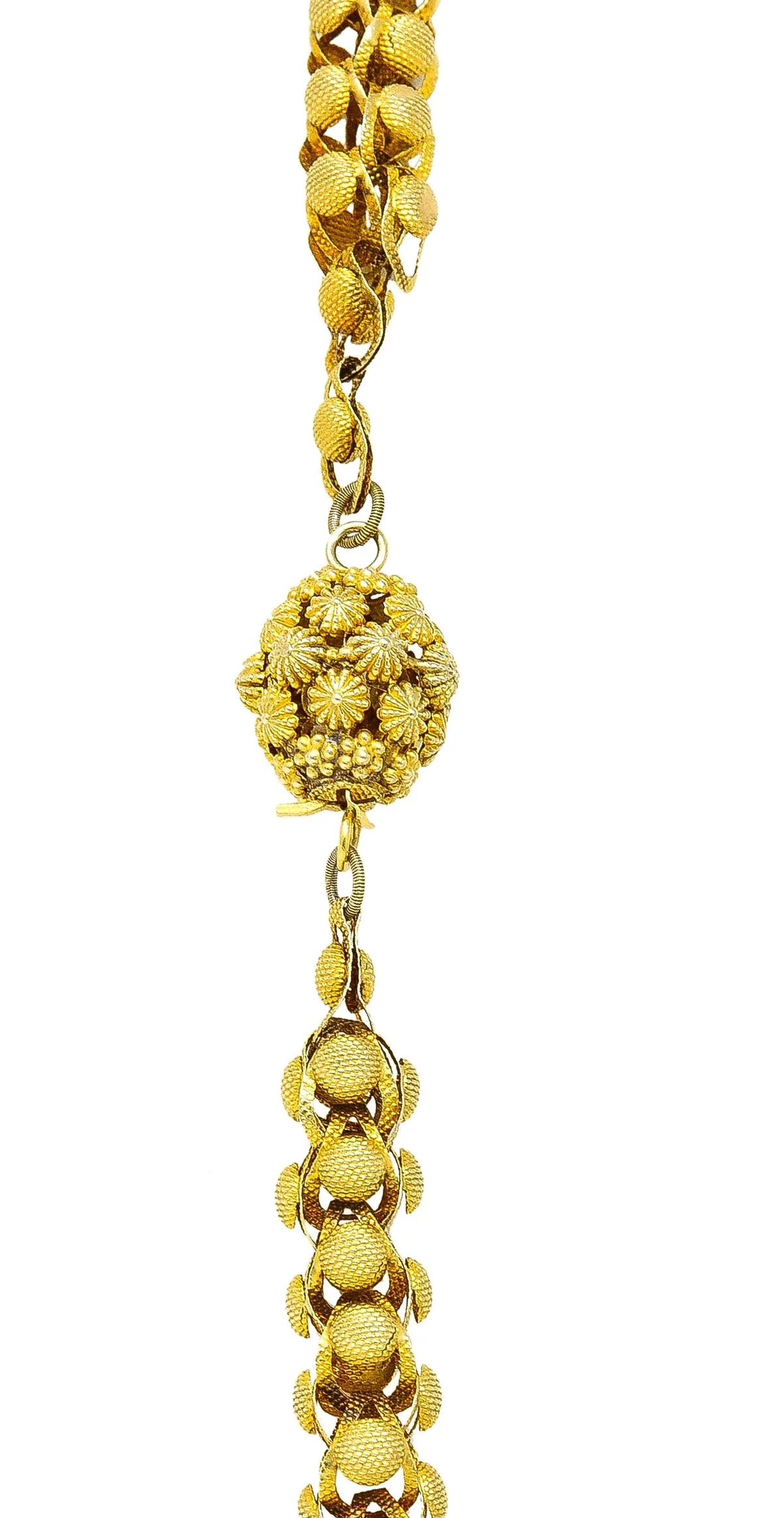 Georgian 18 Karat Yellow Gold Floral Dome Byzantine 46 Inch Long Chain Antique Necklace