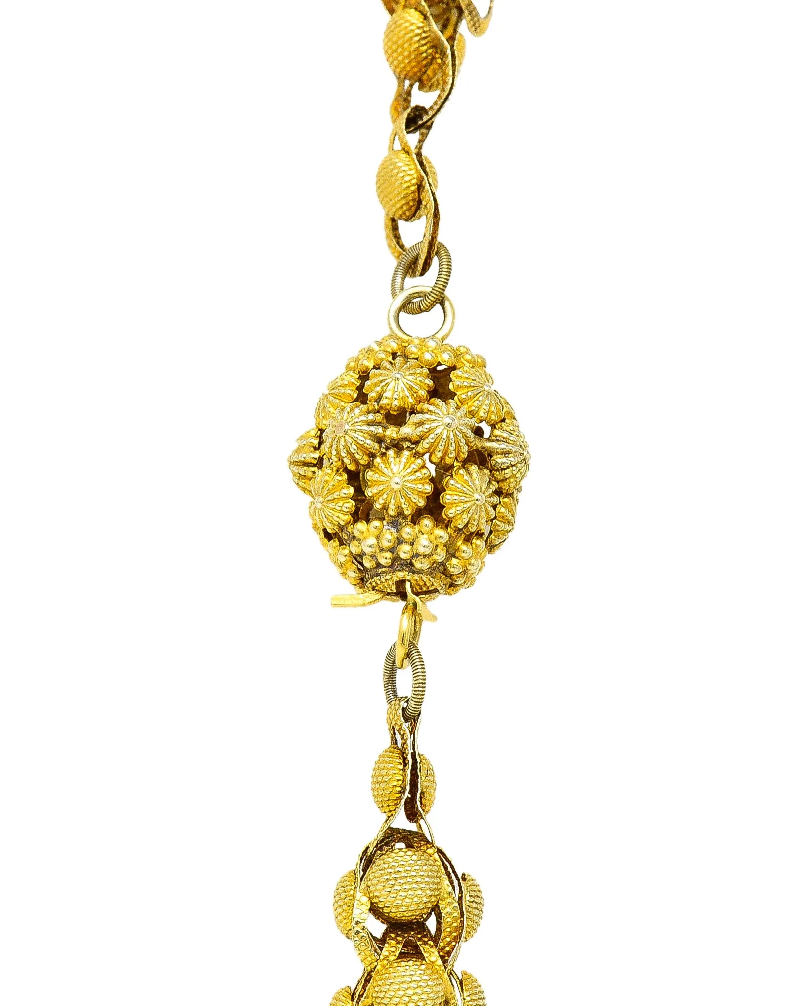 Georgian 18 Karat Yellow Gold Floral Dome Byzantine 46 Inch Long Chain Antique Necklace