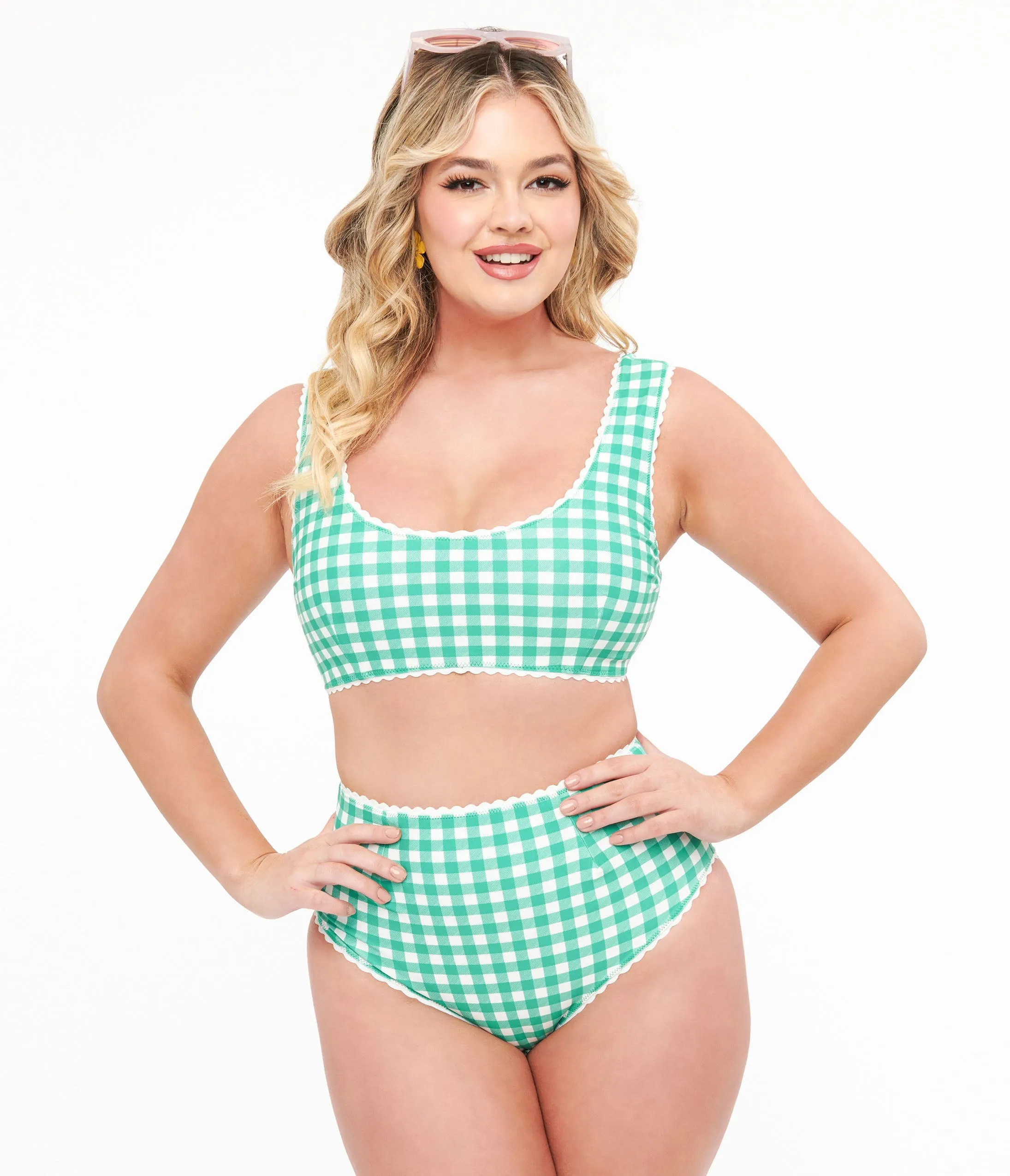 Green & White Gingham Bikini Top