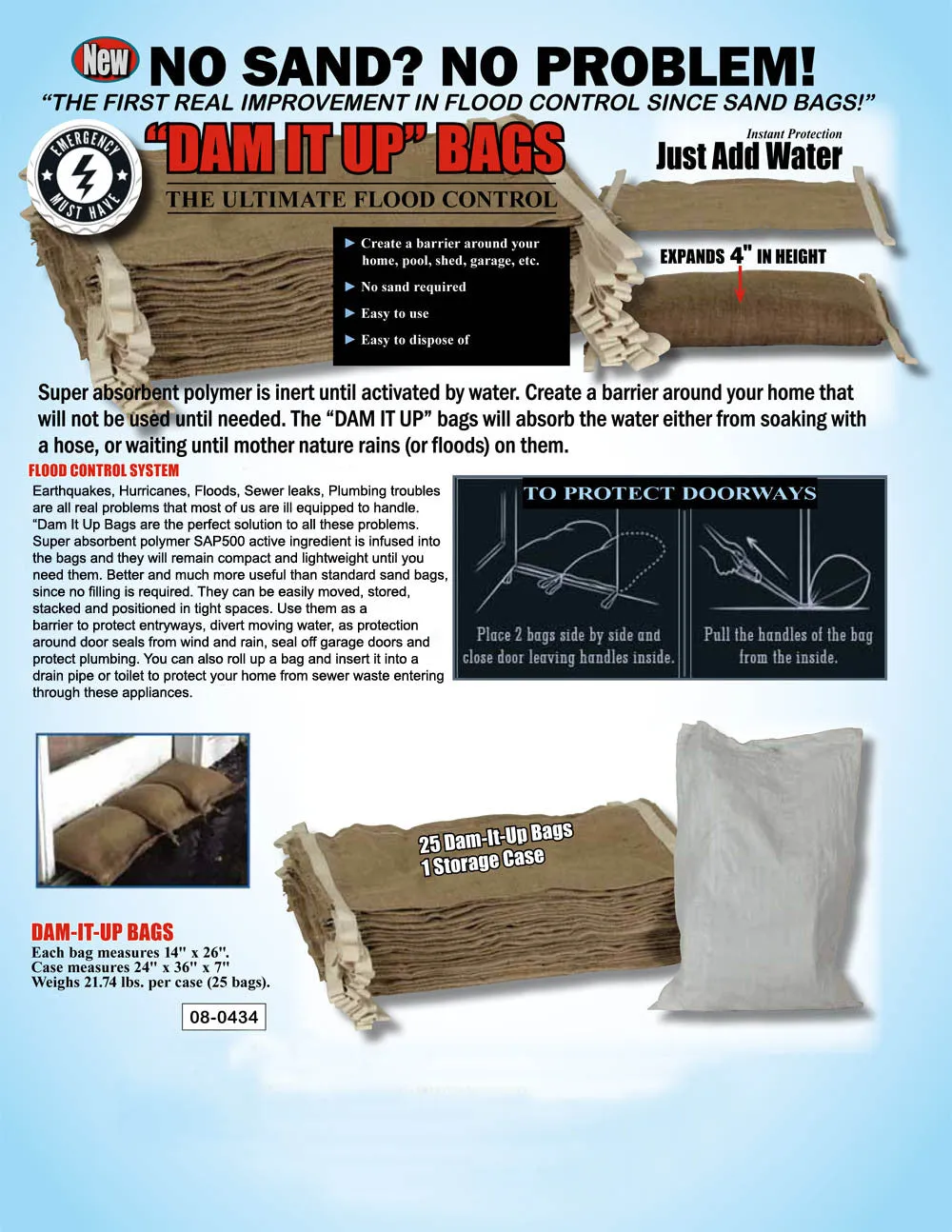 Home Flood Defence Kit - Water Activated Sandbags - Dam It Up bags