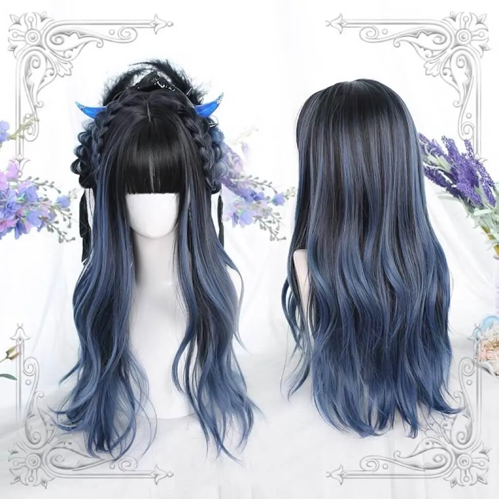 Ins pick dyed blue and black long wig BY4074