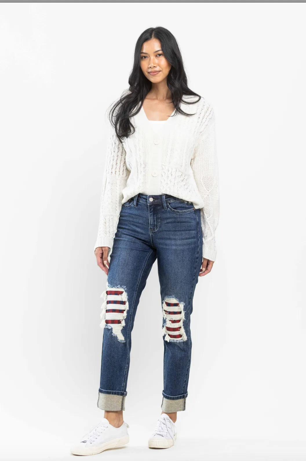 Judy Blue Buffalo Plaid Destroyed Knee Boyfriend Jeans