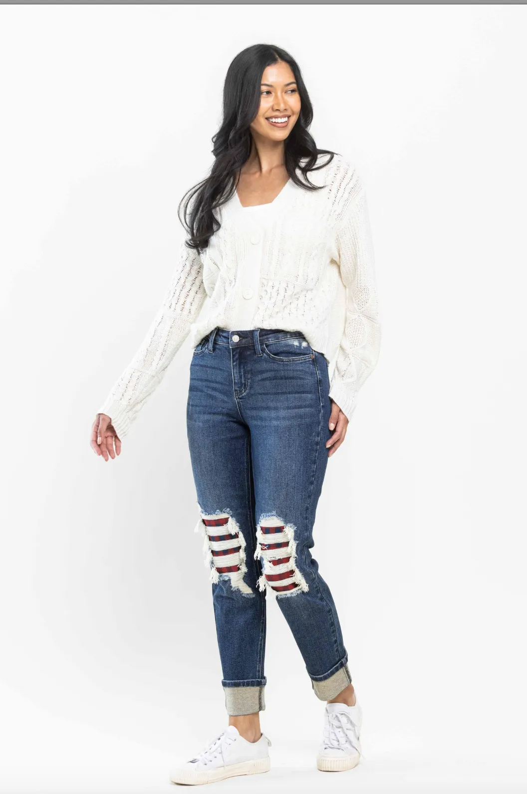 Judy Blue Buffalo Plaid Destroyed Knee Boyfriend Jeans